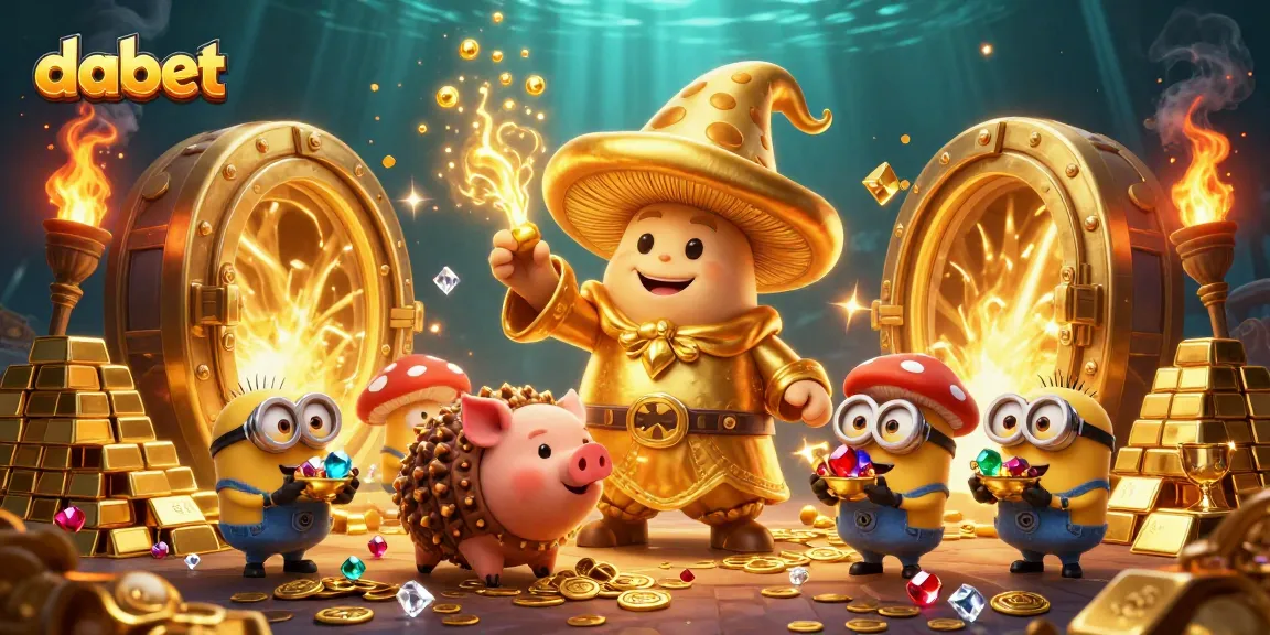 dabet's golden mushroom wizard casting magic in a vibrant casino treasure scene filled with gems.