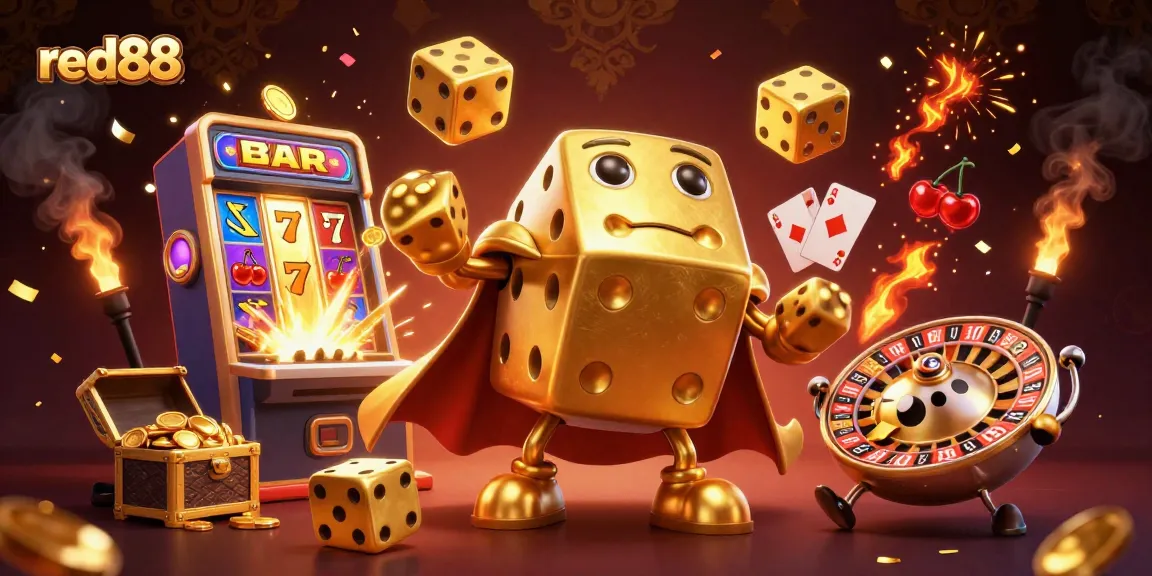 Engage with thrilling slots at red88, featuring a dynamic illustration of a golden dice golem and slot machine.
