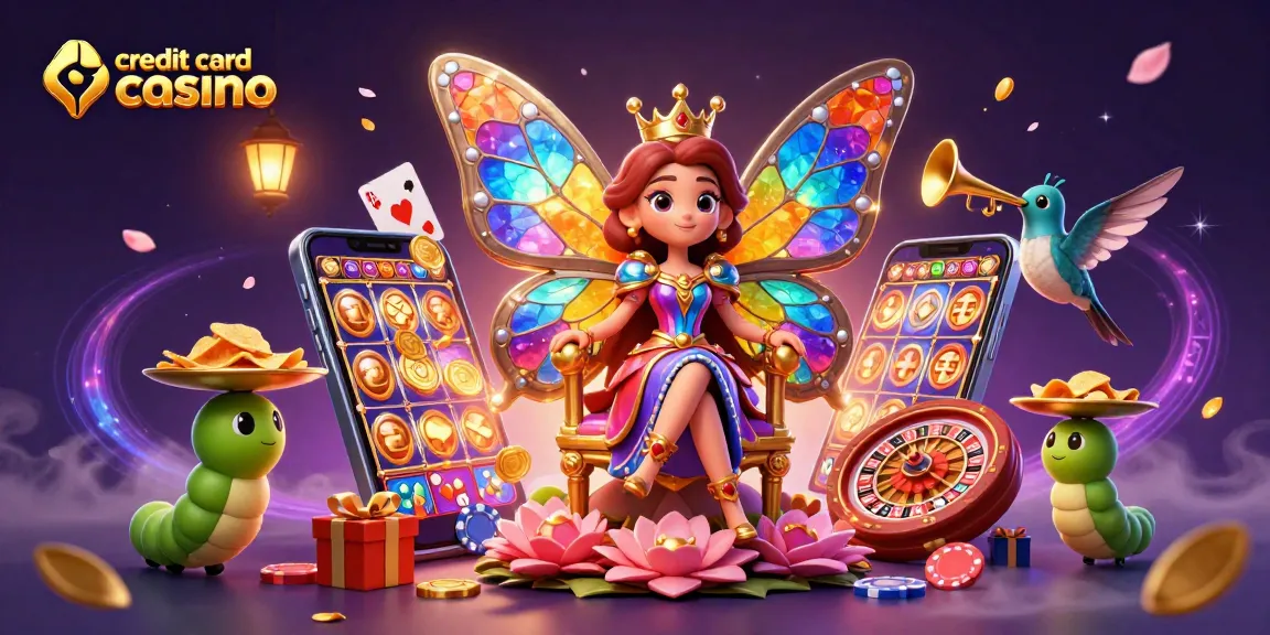 Engage in the vibrant world of credit card casino gaming with a butterfly queen and fun elements.