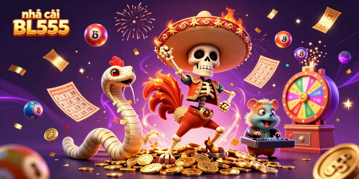 The vibrant scene showcases nhà cái BL555's exciting atmosphere with cartoon characters engaging in dynamic gambling-themed action, maximizing the fun factor.
