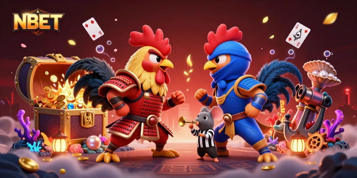 NBET showcases twin roosters in combat matched by dazzling casino elements, engaging gamblers visually.