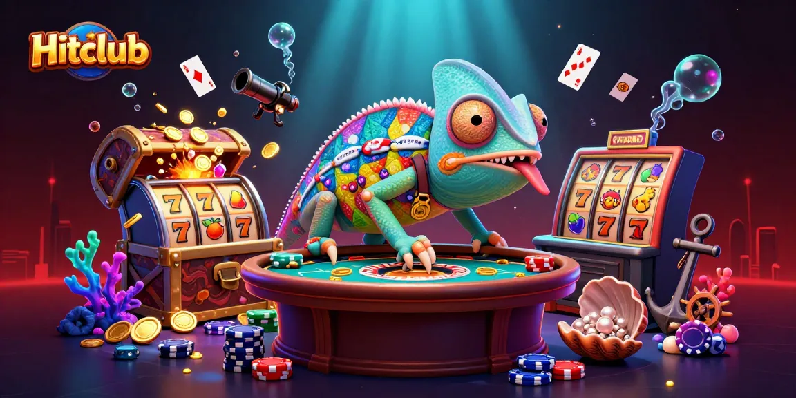 Engage with Hitclub's vibrant casino adventure featuring a colorful chameleon owner surrounded by treasures.