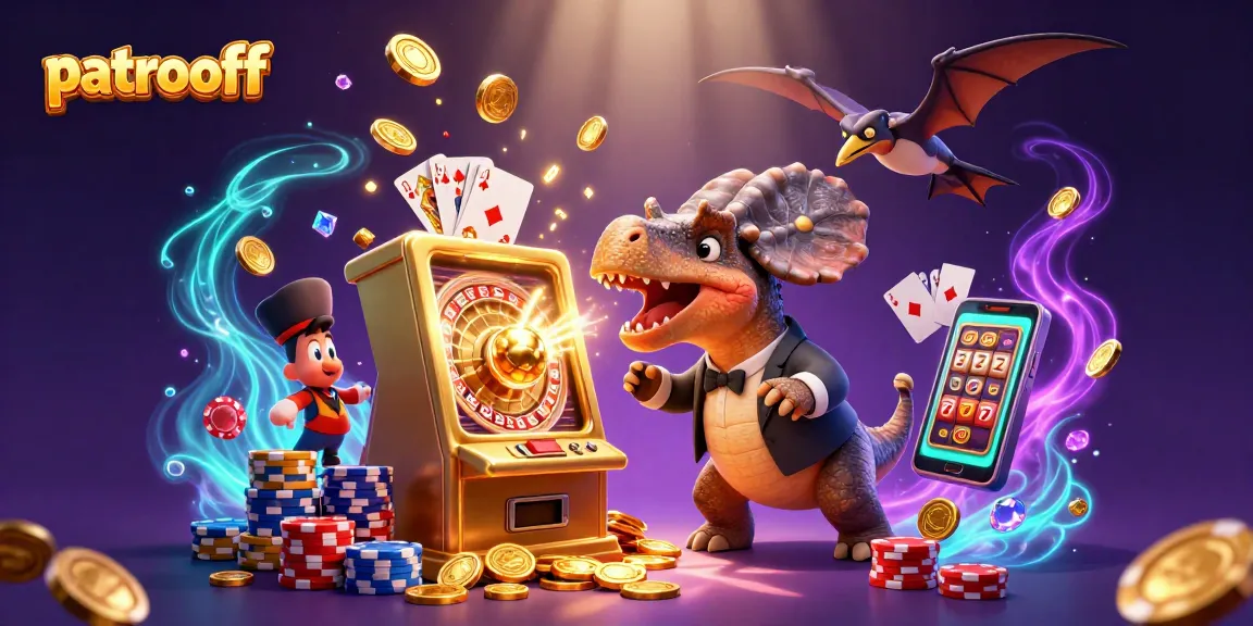 patroloff features a dinosaur winning a jackpot from a slot machine in a vibrant casino scene