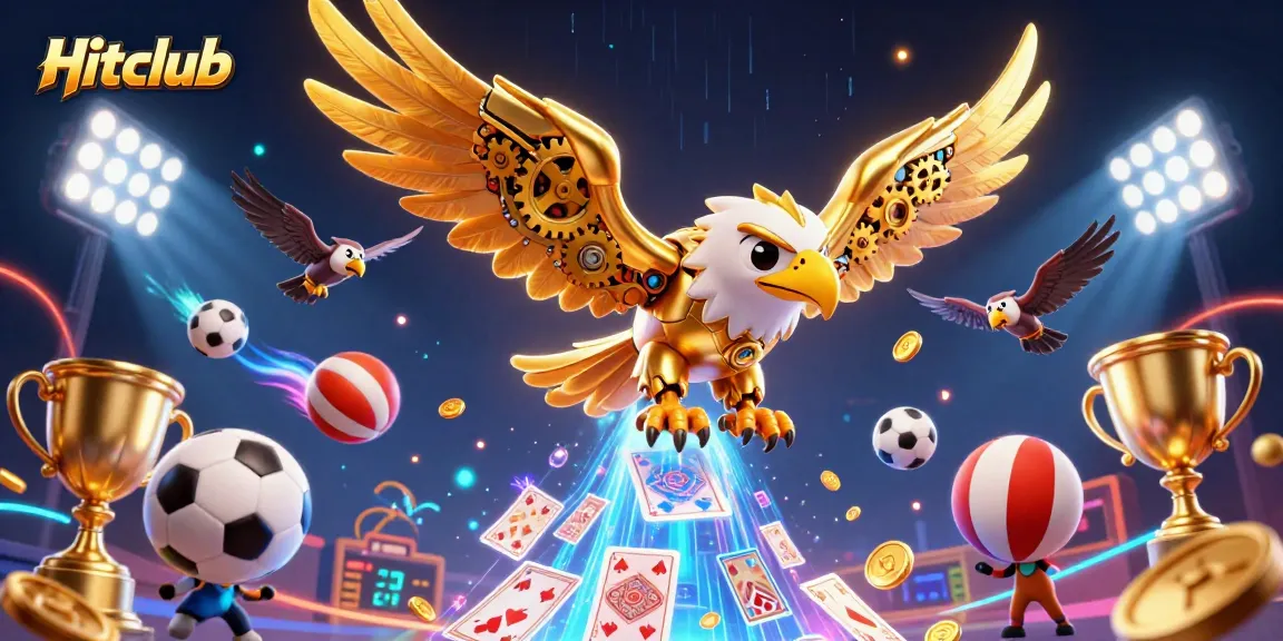 Hitclub features a cybernetic golden eagle soaring through animated sports elements, showcasing thrilling online gaming.