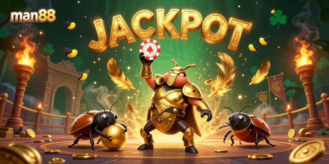 Experience the thrill of man88 at our vivid gaming arena, showcasing a winning beetle celebrating a big jackpot!