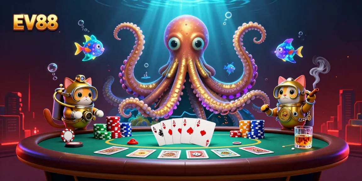 Engage in thrilling gameplay at EV88 with a magical kraken and an adventurous diving cat.