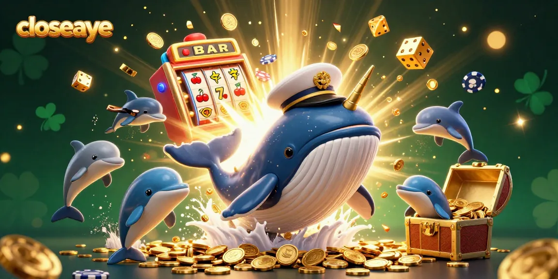 Engage with the stunning 3D cartoon scene at closeaye featuring a whale, narwhal, and dolphins in a vibrant casino setting.