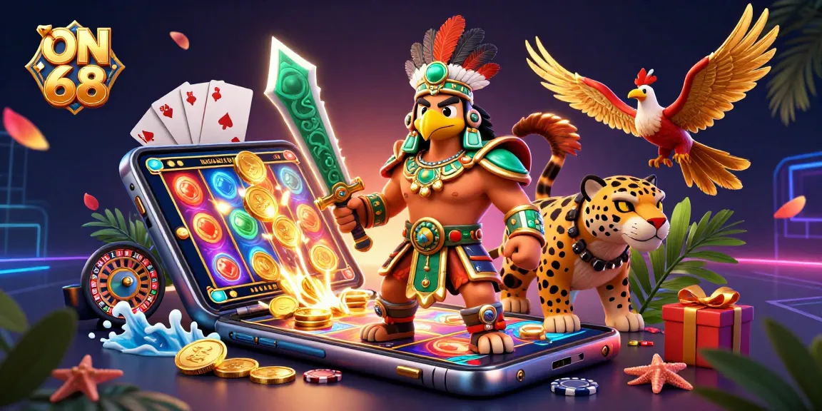 Play thrilling slots and casino games with ON 68 in a vibrant 3D casino scene.