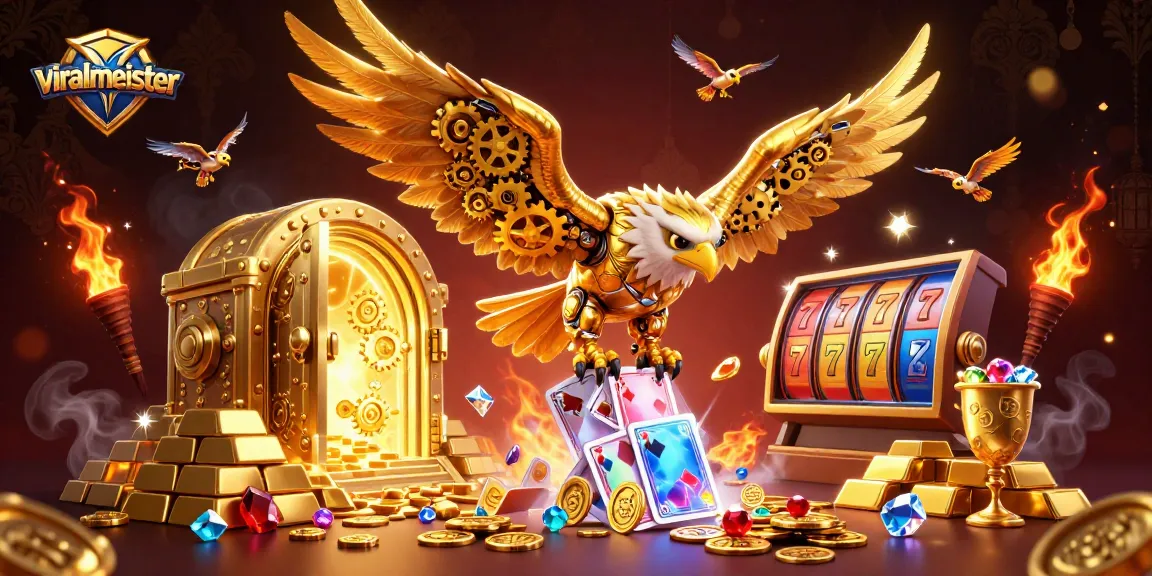 Experience thrilling betting adventures with viralmeister as a cybernetic eagle adorns the vibrant casino scene.