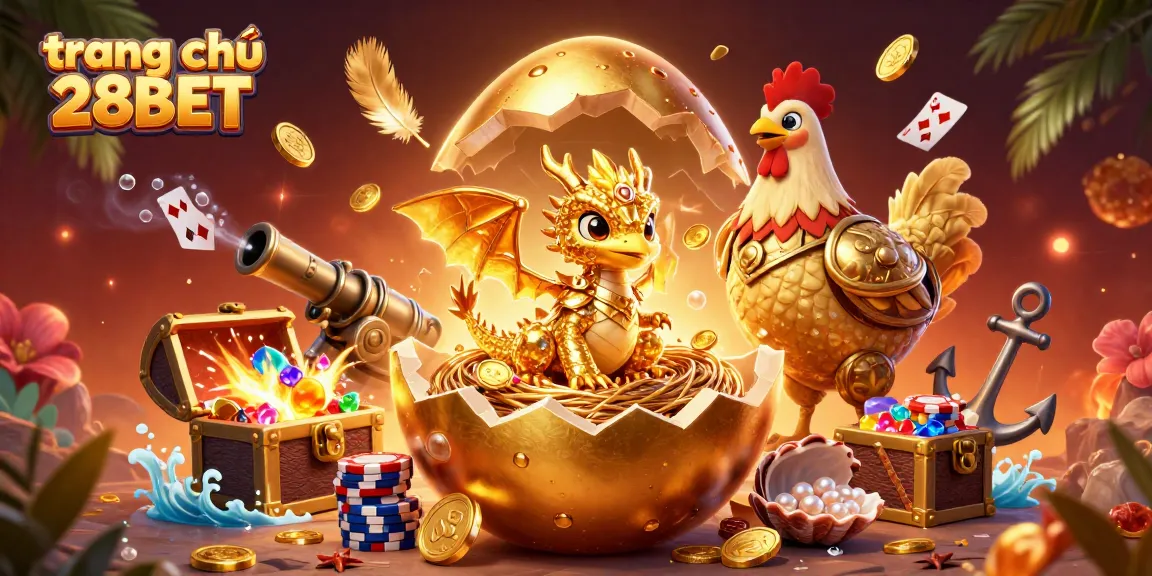 Experience the excitement of trang chủ 28BET with a golden dragon and poker chips amidst underwater treasures.