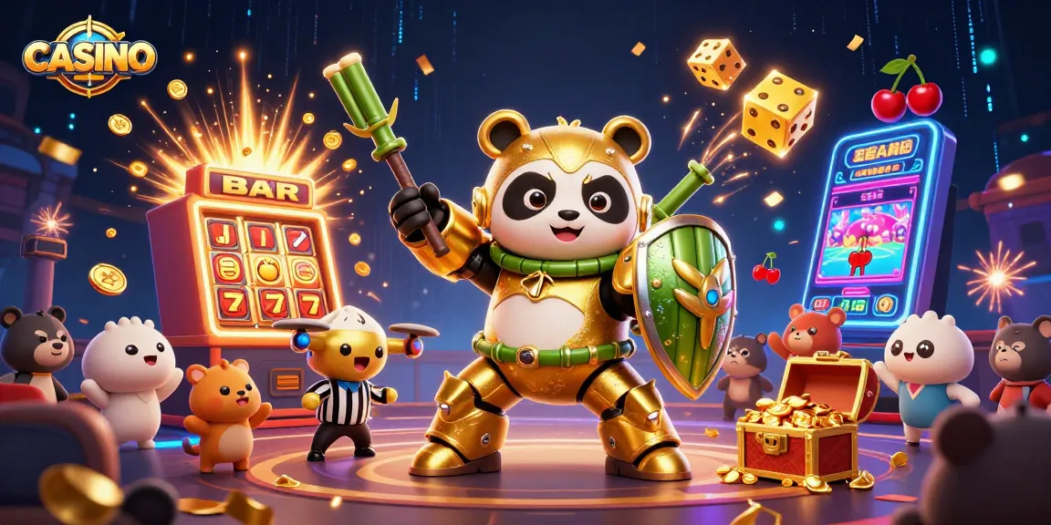 Engaging 3D casino scene featuring a mech-suit panda amidst slot machines and vibrant symbols.